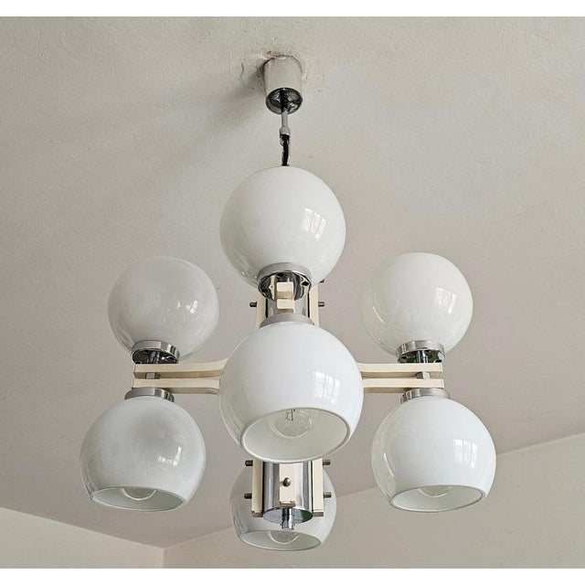 Space Age Eight-Light Chandelier with While Glass Shades, 1970s For Sale - Image 3 of 15