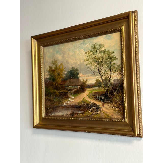 19th Century 19th Century Original British Oil Painting, Geese/Ducks by a Cottage Pond, Joseph Thors For Sale - Image 5 of 12