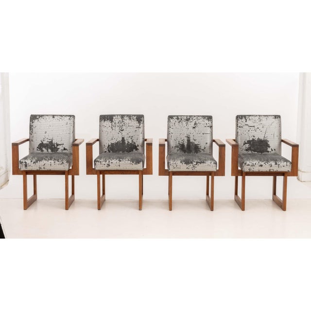 Set of Eight Vladimir "Cubist" Dining Armchairs, each with silver-tone metallic fabric upholstered seat and back and...