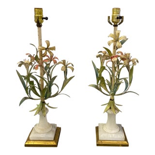 1940's Italian Alabaster Table Lamps With Hand Paited Flowers Design - a Pair For Sale