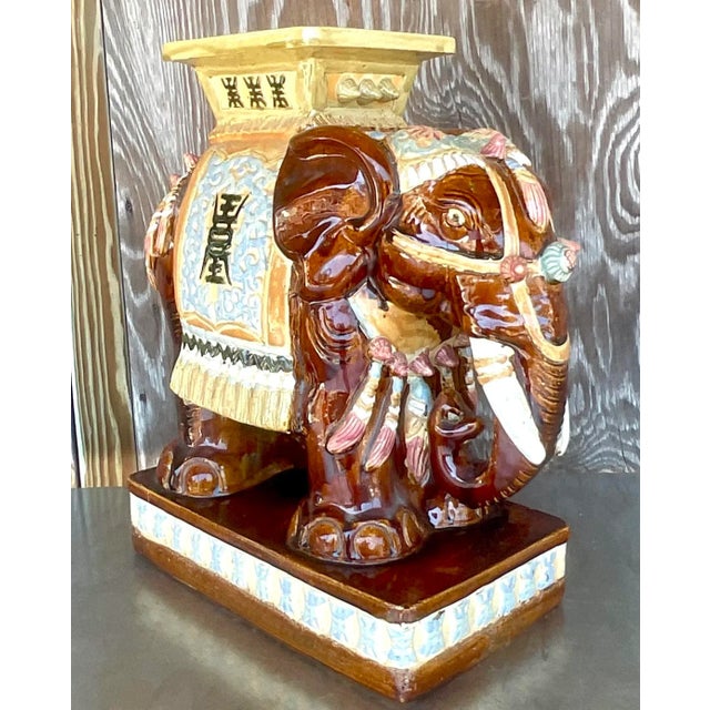 Late 20th Century Vintage Boho Glazed Ceramic Elephant Stool For Sale - Image 5 of 6