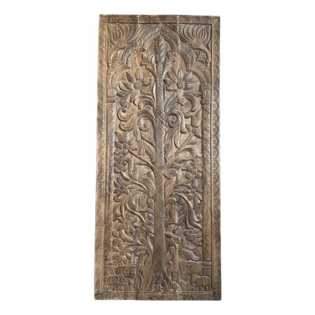 Hand-Carved Tree of Life Barn Door Panel With Elephants – Vintage Wooden Wall Art Statement 84x36 For Sale