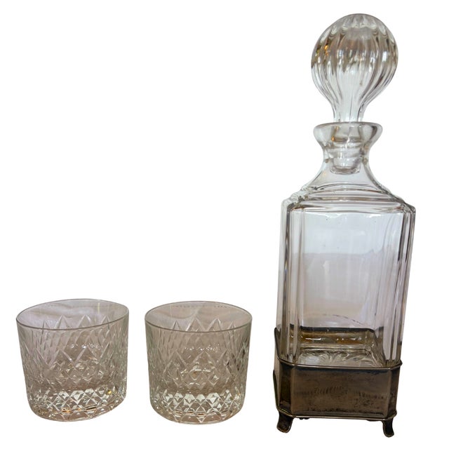 Silver French Art Deco Silver-Plated and Cut Glass Decanter with Tumblers, 1930, Set of 3 For Sale - Image 8 of 8