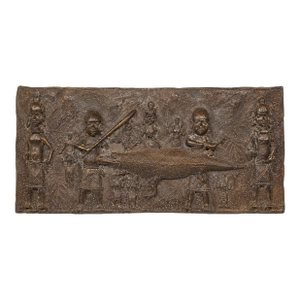 Mid 20th Century Monumental Benin-Style Cast Metal Narrative Relief Plaque