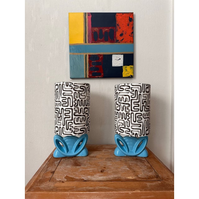 Authentic pair of mid century modern lamps Popular turquoise color of the era Bunny ear shape New drum shaped lampshades...