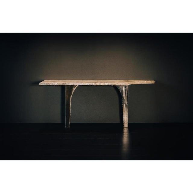 Andrew Unique Console Table in Travertine Stone & Brass by Alex Turco One Of a Kind Dimensions: D 38 x W 185 x H 78 cm....