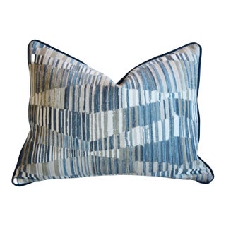 Designer Contemporary Woven Blue & White Wave Geometric Feather/Down Pillow 24" X 18" For Sale