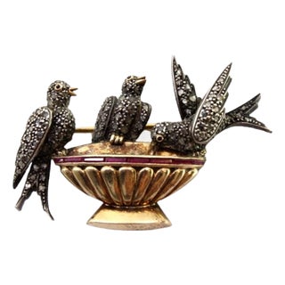 Gold and Silver Brooch with Birds at the Water Trough, Diamond Chips and Calibrated Rubies For Sale