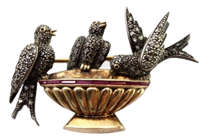 Gold and Silver Brooch with Birds at the Water Trough, Diamond Chips and Calibrated Rubies