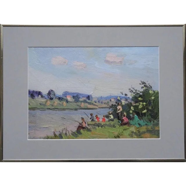 Olgerts Saldavs, Fishermen by the River, Oil on Cardboard For Sale - Image 4 of 6