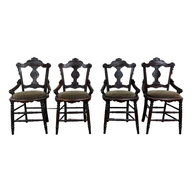 Antique Victorian Eastlake Style Walnut Dining Arm Chairs - Set of 4 For Sale