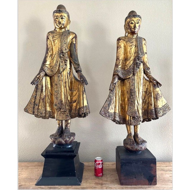 Pair of 18th Century Tall Burmese Mandalay Standing Buddhas – Polychrome Gilded For Sale - Image 4 of 12