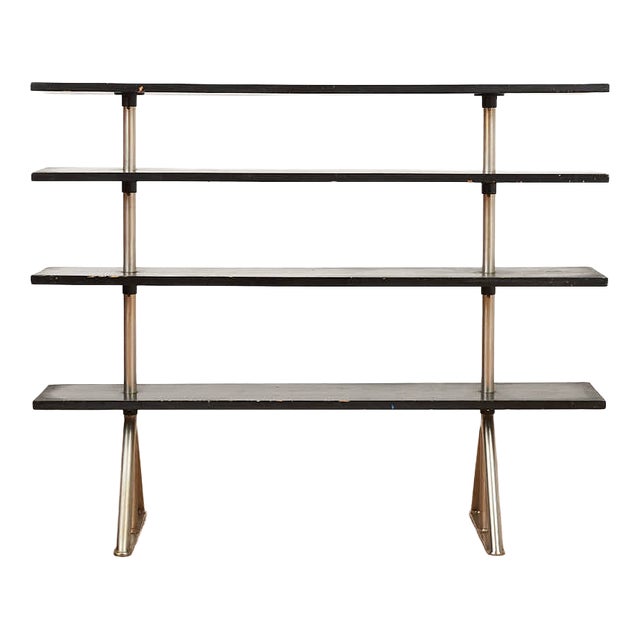Freestanding Shelving Unit in Nickel-Plated Steel Tube Frame and Wood Shelves, 1930s For Sale