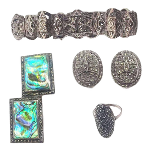 Sterling Silver French Paste Marcasite Jewelry Set, Brooch, Bracelet, Earrings- 5 Pieces