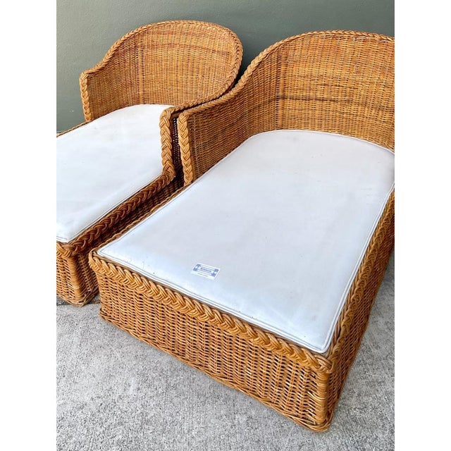 Late 20th Century Vintage Braided Rattan Chaise Lounges - Pair For Sale - Image 5 of 15