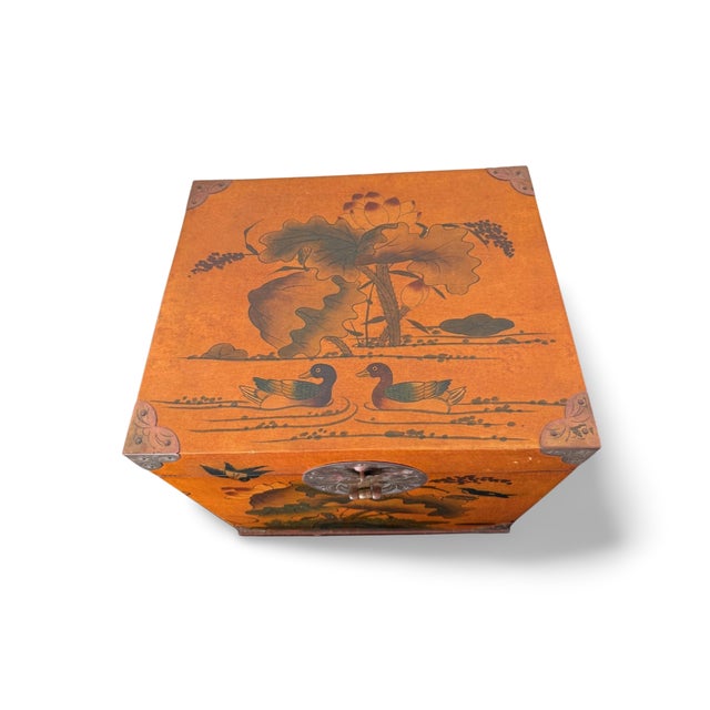 Vintage Chinese Lacquer Chest Trunk With Painted Lotus & Bird Motif, Calligraphy Interior For Sale In Los Angeles - Image 6 of 13