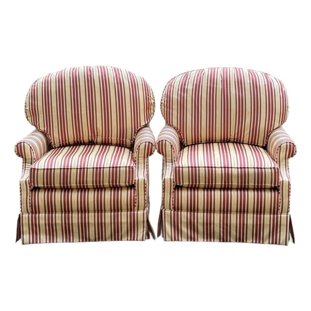 Calico Corners Rolled Arm Skirted Swivel Lounge Chairs - A Pair For Sale