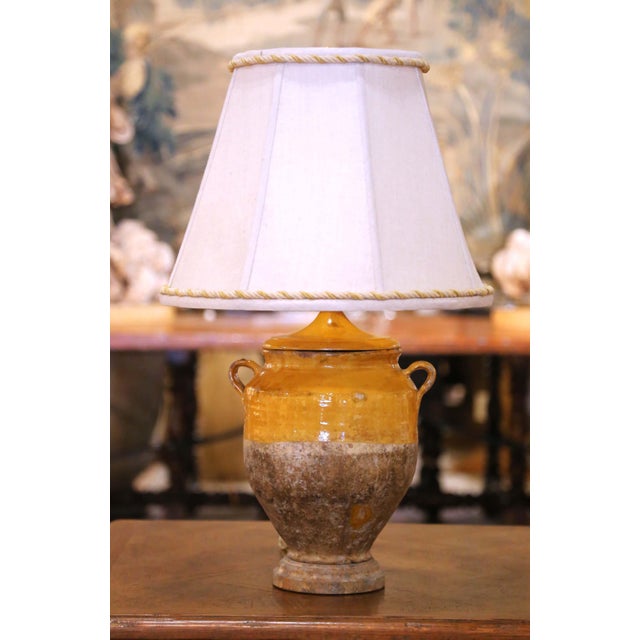 Late 19th Century 19th Century French Yellow Glazed Confit Pot Table Lamp With Custom Shade For Sale - Image 5 of 9