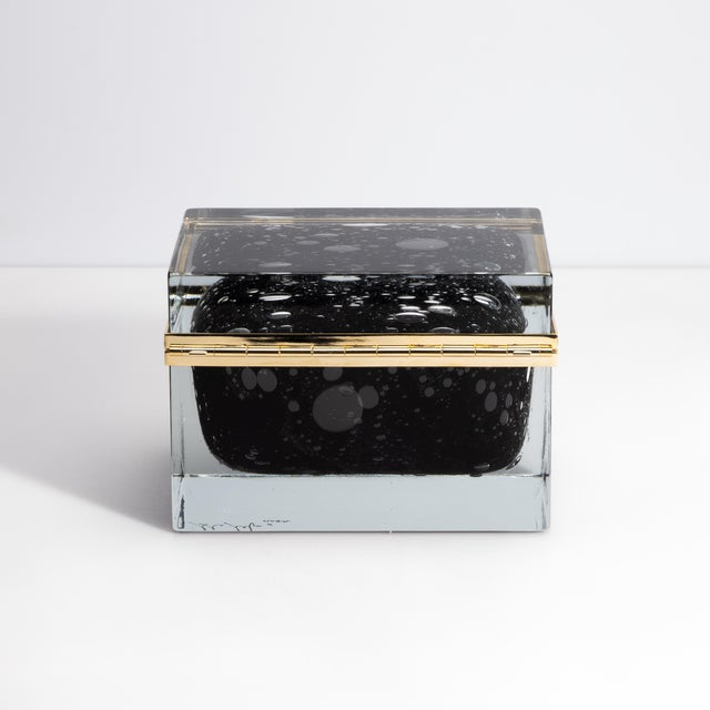 Hand Blown Murano Glass Box in Black With Bubbles and Brass Fittings For Sale In Los Angeles - Image 6 of 12