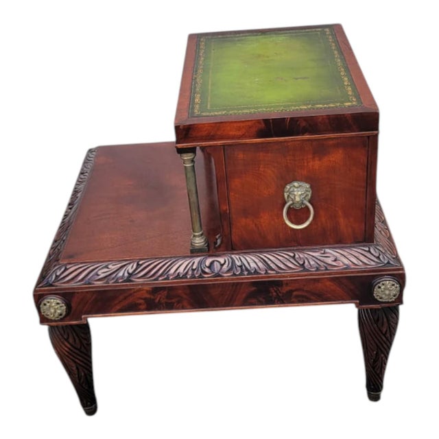 1920s Mahogany Leather Top Sofa End Table Brass Column Lion Pull Carved For Sale - Image 4 of 16