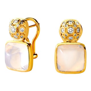 Syna Yellow Gold Earrings with Moon Quartz and Diamonds, a Pair For Sale