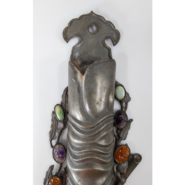 Chinoiserie 19th Century Chinese Pewter Bamboo Form Wall Pocket Vase For Sale - Image 3 of 12