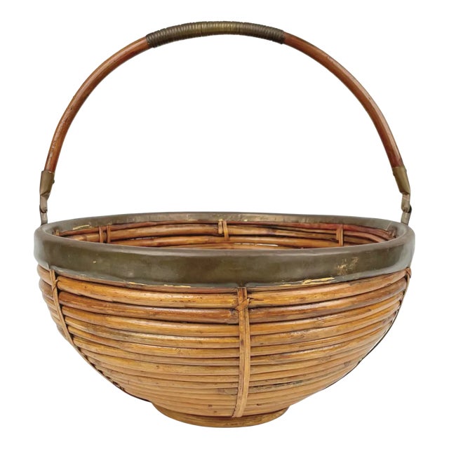Large Italian Rattan & Brass Basket, 1970s For Sale
