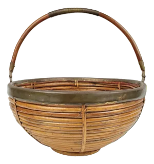 Large Italian Rattan & Brass Basket, 1970s
