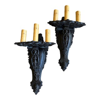 Pair Large Triple Candle Wall Sconces in Black Paints With Beautiful Cast Detail, Circa 1910 For Sale