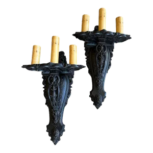 Pair Large Triple Candle Wall Sconces in Black Paints With Beautiful Cast Detail, Circa 1910