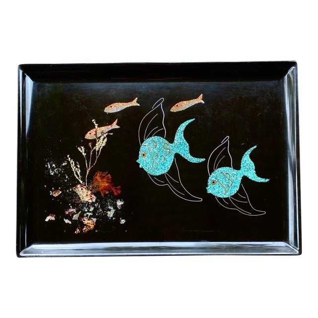 Vintage Couroc of Monterey Turquoise Angel Fish Tray With Genuine Abalone and Seaweed Inlay For Sale