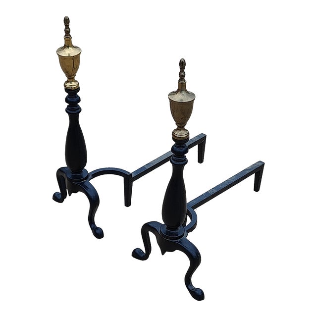 Mid 20th Century Black and Brass Andirons- Set of 2 For Sale