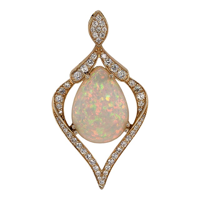 Ethiopian Opal With Natural Diamond Accents: Solid 14k Gold - Pear Cut 18x13mm For Sale
