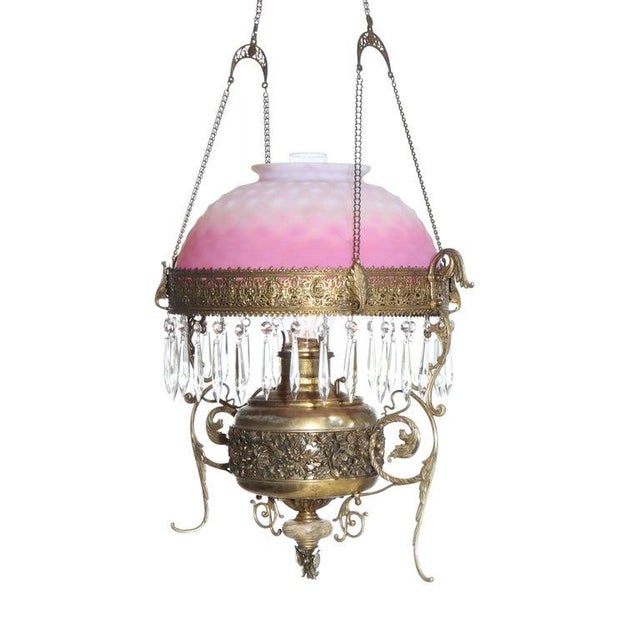 Late 19th Century Victorian Brass, Bronze & Crystal Chandelier With Peachblow Hobnail Glass Shade For Sale - Image 4 of 17