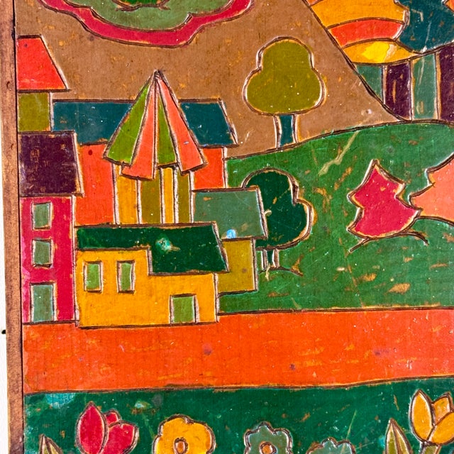 Folk Art Vintage Folk Art Painting in Carved & Painted Wood Panel of Playful Whimsical Village For Sale - Image 3 of 6