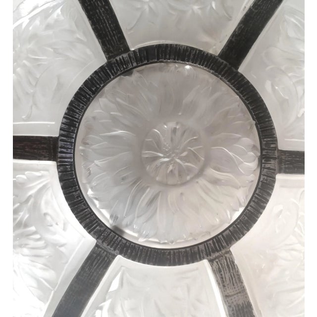 Early 20th Century Attributed to Val Saint Lambert Large & Rare Art Deco Chrysanthemum Chandelier in Hand Hammered Iron Pewtery Frame For Sale - Image 12 of 18