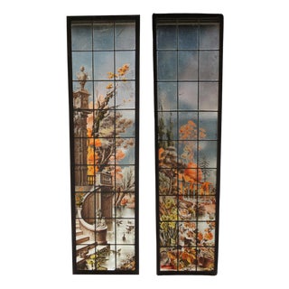 Set of 2 Vintage French Painted & Fired Neoclassical Floral Stained Glass Windows Signed For Sale