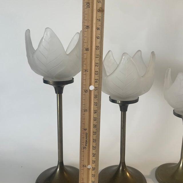 Frosted Glass Tulip Tea Light Candle Holder With Brass Stems - 3 For Sale - Image 4 of 5