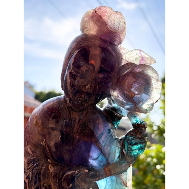 Late 19th Century Antique Chinese Qing Dynasty 8.4lb Rainbow Fluorite Carved Lady Figure W/ Stand For Sale - Image 5 of 12