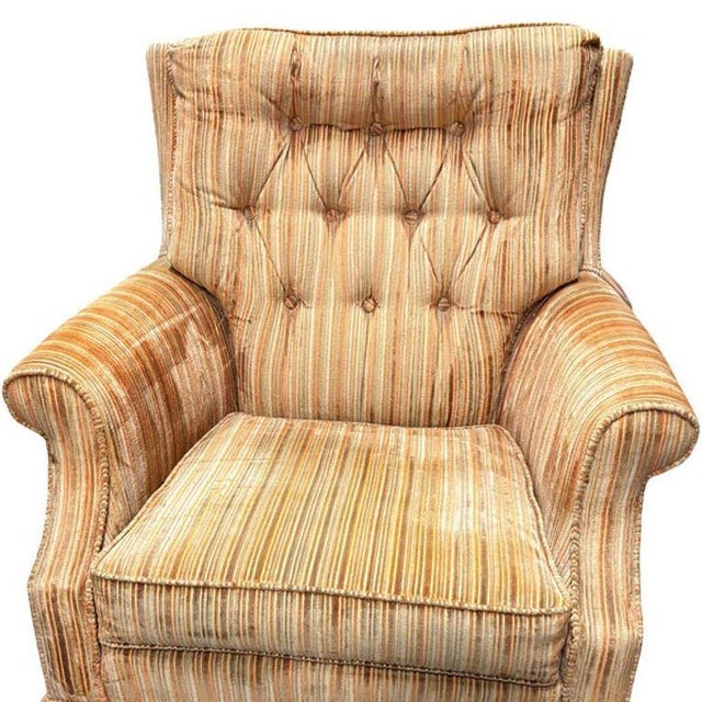 1970 Tuffted Velvet Gold Green Striped Swivel Arm Chair For Sale - Image 4 of 6