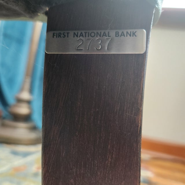 Mid 20th Century MCM Library Chair Moss Green Leather Blend/Woven Fabric With Button Tuft & Nailtacks, Swirled Arms, Dark Wood, Executives For Sale In South Bend - Image 6 of 13