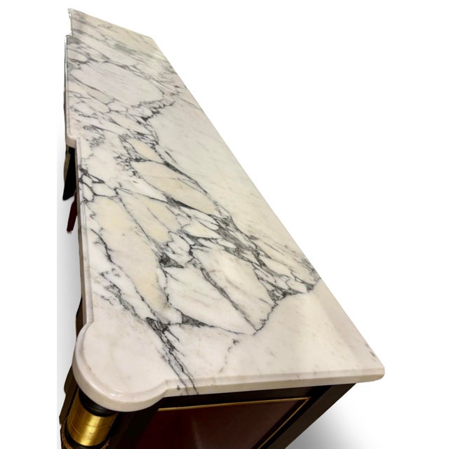 Brown French Louis XVI Style Black Lacquered Sideboard Credenza With Marble Top and Burled Walnut For Sale - Image 8 of 17