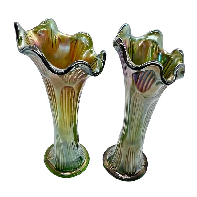 Mid-Century Modern Green Iridescent Glass Swung Vases, England, 1960s, Set of 2 For Sale - Image 3 of 9