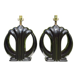 Vintage Sculptural Postmodern Black Ceramic Table Lamps, Pair For Sale
