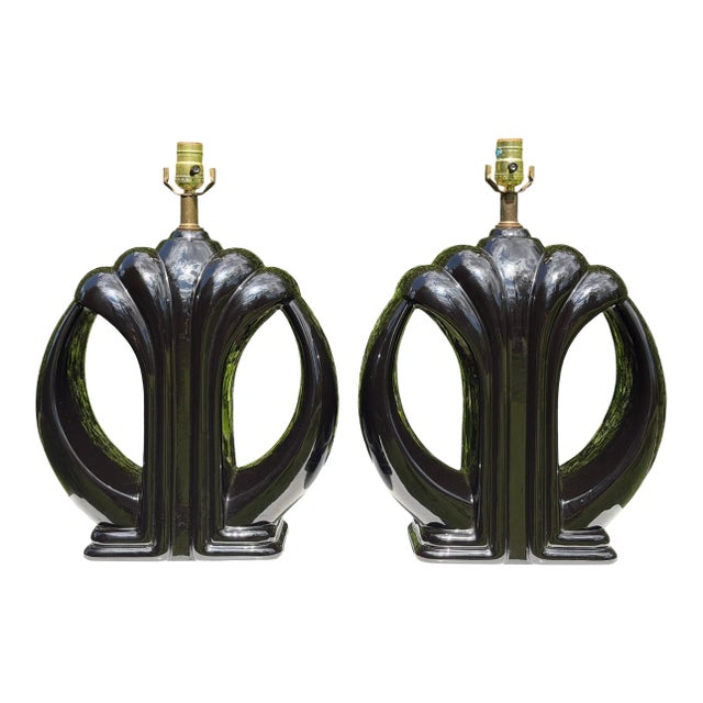 Vintage Sculptural Postmodern Black Ceramic Table Lamps, Pair For Sale