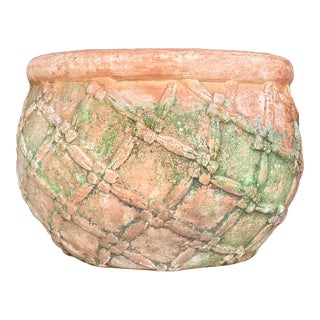 Vintage Boho Patinated Trellis Terracotta Planter For Sale