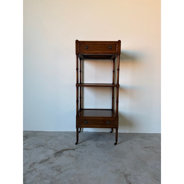 Hollywood Regency 1970’s Vintage Mount Airy Three-Tier Walnut Etagere With Drawers & Brass Casters For Sale - Image 3 of 12