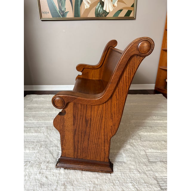 Antique Solid Mission Carved Oak Wood Church Pew Bench For Sale - Image 10 of 12