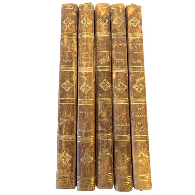 French 1830s Antique French Edition Walter Scott Novels Half-Leather - Set of 5 For Sale - Image 3 of 11