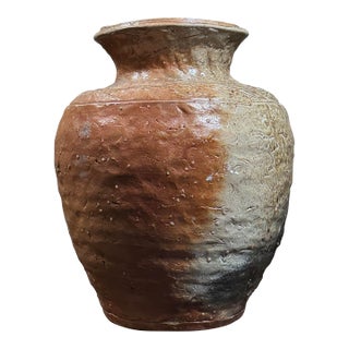 Antique Large Japanese Shigaraki Natural Ash Stoneware Vessel, Signed For Sale